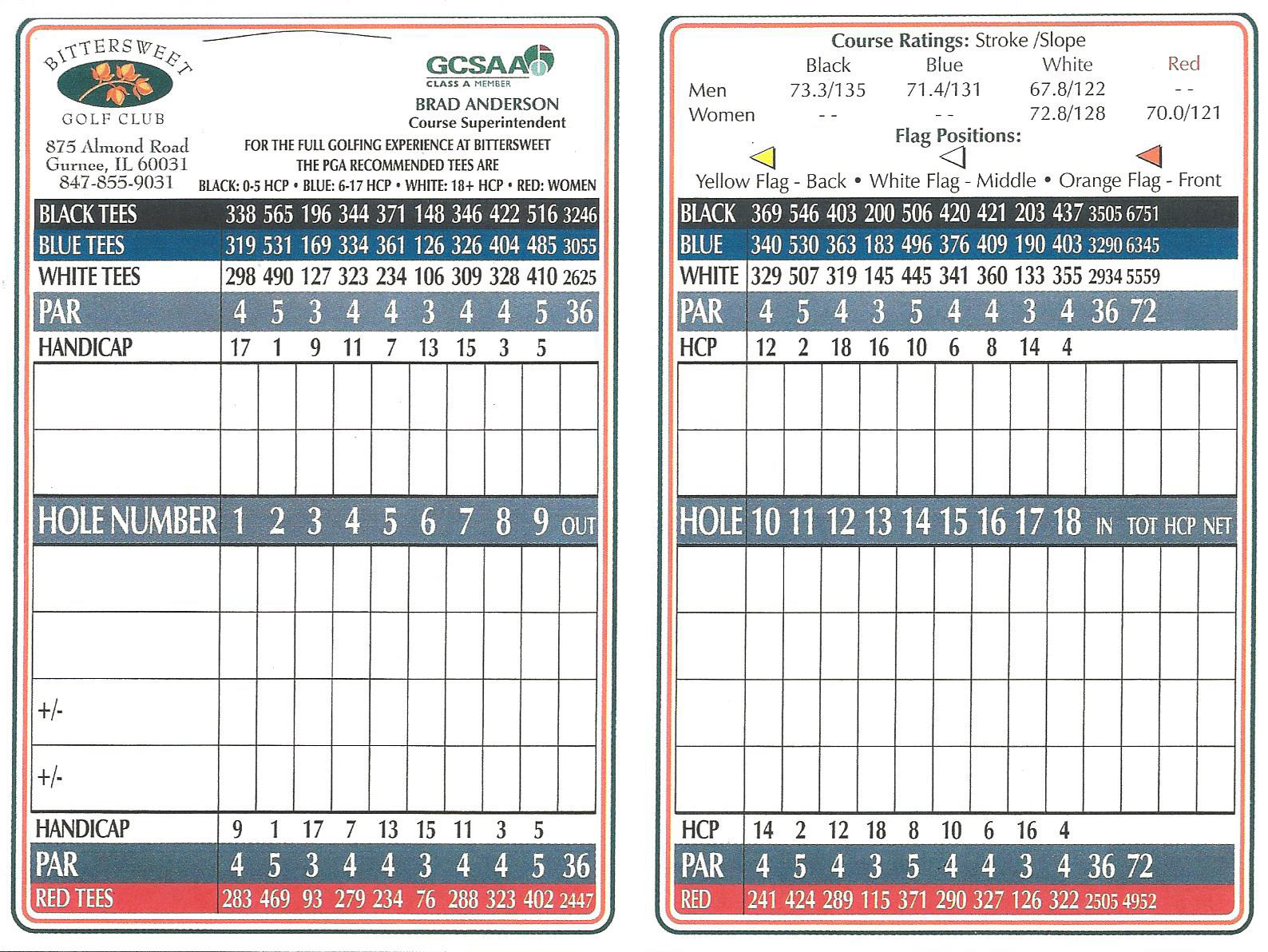 Scorecard Bittersweet Golf Club
